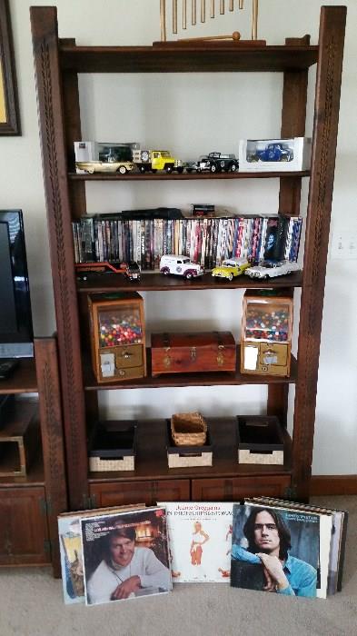 LP's, die cast cars, DVD's, one of the bookcases (2 more are matching)