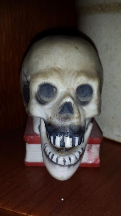 Vintage skull incense burner with bobbing head