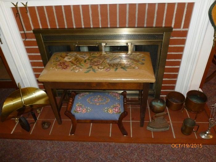 Needlepoint benches, copper pots