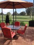 Patio table, chairs, umbrella