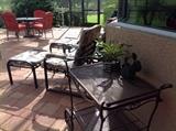 Iron patio chairs, tea cart