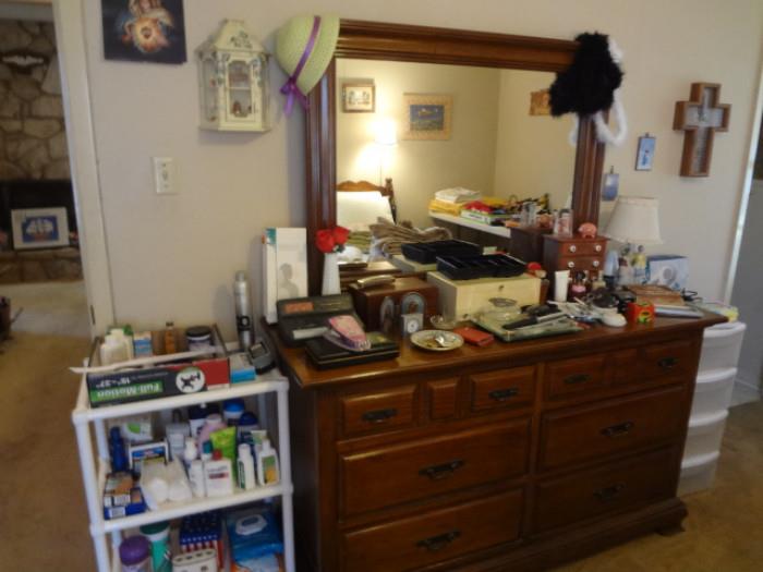 dresser, small cabinet, jewelry boxes