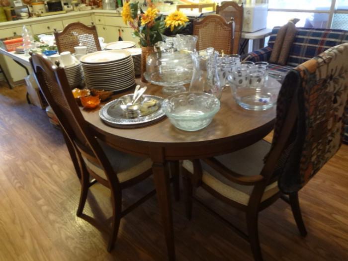 walnut dining table w/6 chairs, 2 leafs, set stoneware dinnerware, glassware