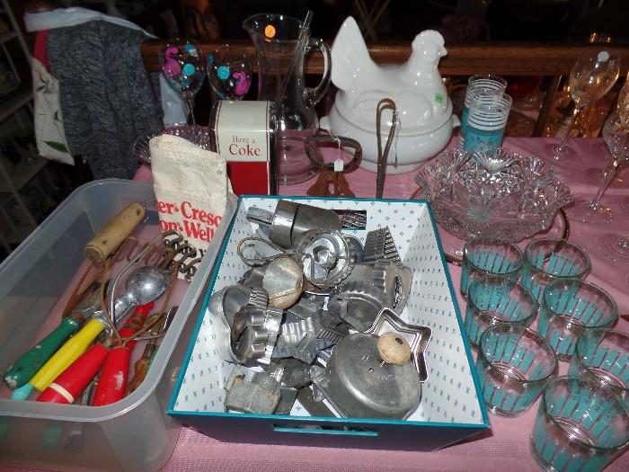 Vintage glasses, cookie cutters, and utensils. Chicken soup bowl