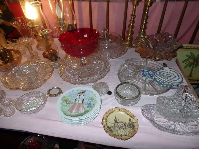Cut glass bowls, plates, cake plates, and more