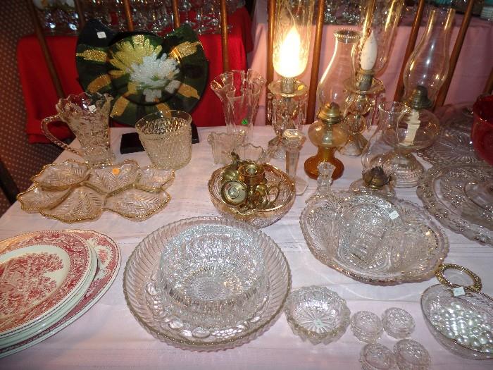Cut glass bowls, plates, cake plates, and more