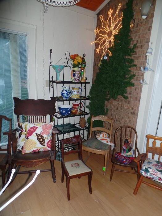 Collection of misc chairs, Bakers rack, Christmas snowflake, 2 Wall hanging Christmas trees.