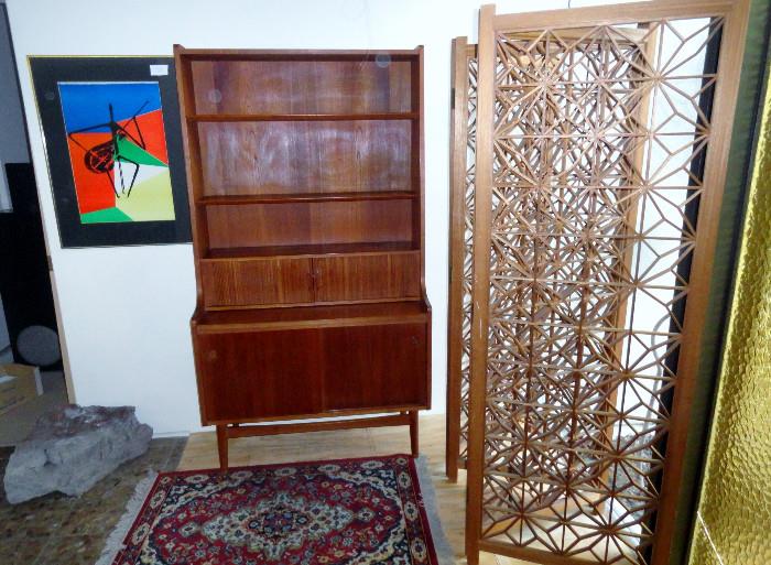 Bornholm Mobler Danish Modern Teak Secretary/Bookcase, C. 1960, with slide out writing surface and tambours, stenciled on its back "BM Made in Denmark".