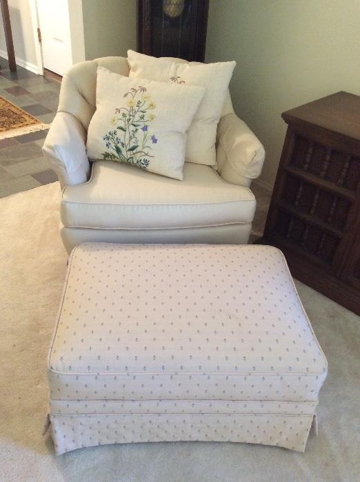 Cream fabric occasional chair and ottoman