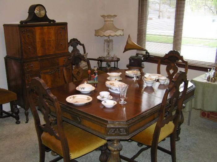 Dining room table & chairs; china; Joerns dresser; lamp