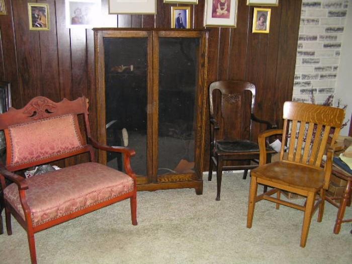 love seat; cabinet w/lock; chairs