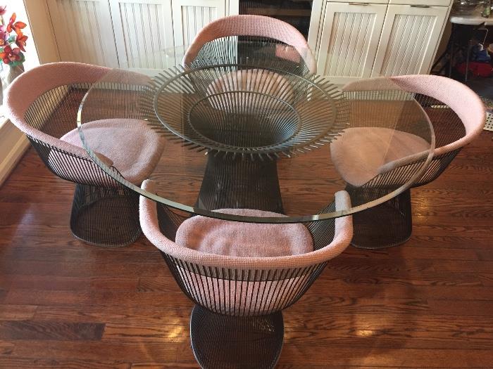 Warren Platner for Knoll.  Black wire dining table and upholstered chair set.