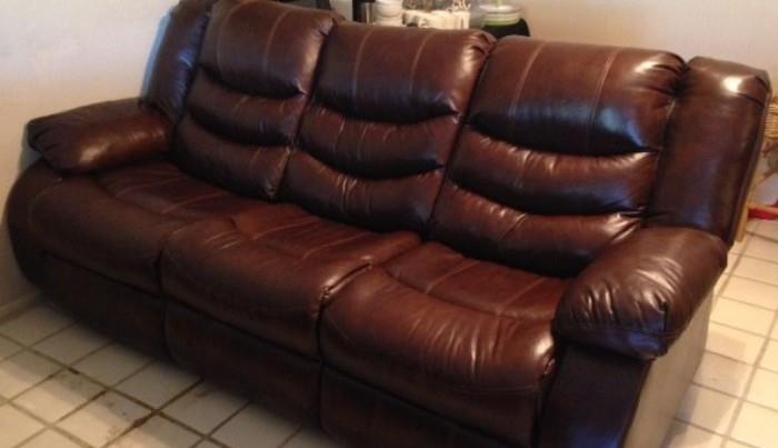 Brown leather dual-reclining Wall Saver sofa