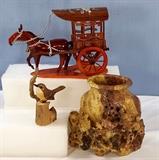 Asian Art w/ soapstone vase,  MOP inlay rosewood horse and carriage plus folk carved sparrow