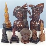 Master Carved Balinese busts and deity, Wood Buddha head, food on ball w/ inlay teeth and eyes, African woman