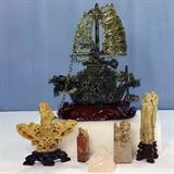 Spinach Jade ornate ship carving and collection of soapstone and rose quartz carvings 