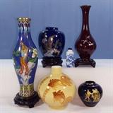 Cloisonné Vase, MOP Inlay Lacquer Vase, Pottery Vases and Blue and White Snuff Bottle 