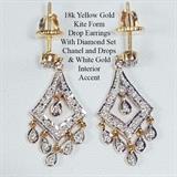 18k Gold Kite Form Drop Earrings, Tear Drop accents set with diamonds