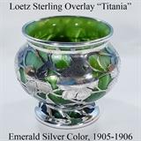 5 1/4" X 6" Loetz Sterling Overlay Titania Vase with Sterling Overlay in Green and Silver Feathered Optic, 1905-1906
