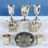 Sterling Silver Lot with Gorham Embossed Childs Mug, Baby mug, "Just a Thimble Full" Shot Glass, Lullaby Cordials, Handled Cream Pitcher, 4 footed Creamer and 800 Artist Signed Hat Dish