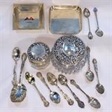 Sterling Silver Lot with Corsair Tray, Sterling Lid Crystal Vanity Jars, Souvenir &  Demitasse Spoons and Sugar Spoon