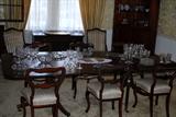 Duncan Phyfe D-style dining room table, 2 leaves brass casters, 122" with both leaves
Six Victorian balloon back chairs