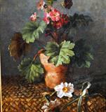 Continental School, Still Life of Geraniums, Oil on Canvas, Framed