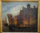 Dutch School, Canal or Harbor Scene, Oil on Canvas, Framed
