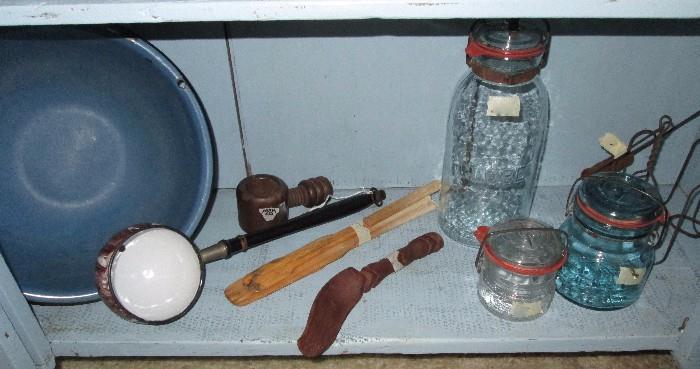 Globe & other canning jars, enamel ware basin & dipper