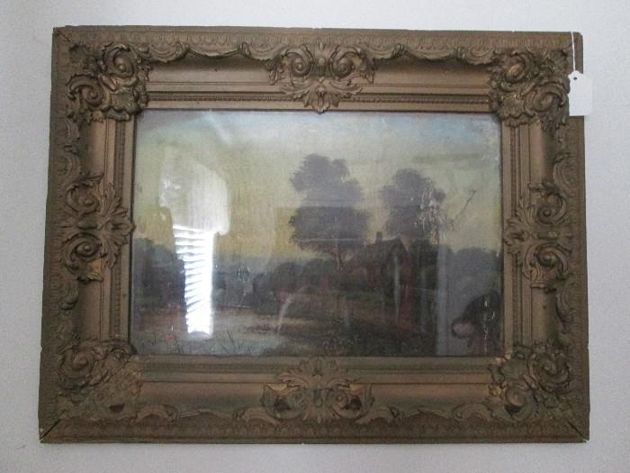 Original oil landscape signed "E. Cole" in antique frame (as is)