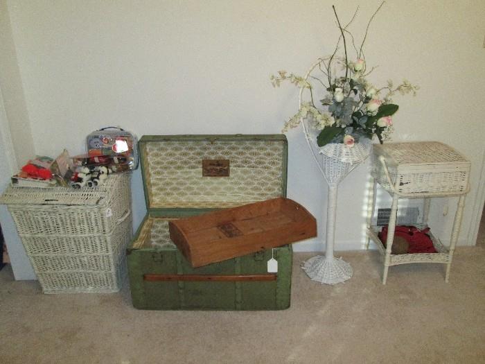 Antique wicker pieces & painted trunk