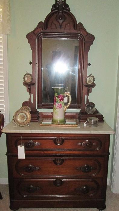 Victorian Walnut dresser with mirror and marble top