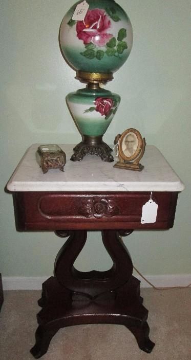 Lyre base side table with marble top