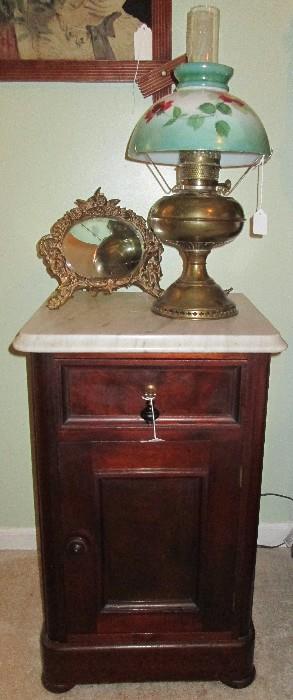 Victorian walnut night stand with marble toip