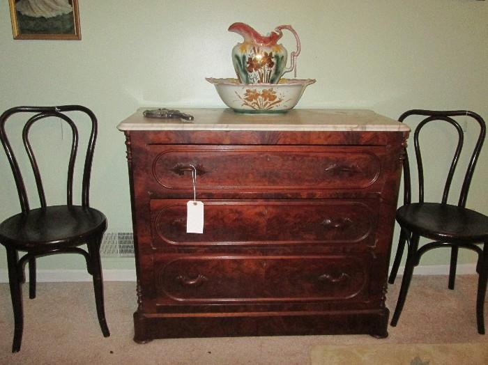 All Antique:  Fischel bentwood side chairs, Victorian era burl walnut chest with marble top, wash stand bowl & picture