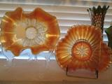 Dugan "Stippled Petals"ruffle bowl on left, Dugan "Stippled Flower" ruffle bowl on right