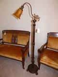 Antique floor lamp wood, brass with carnival glass shade