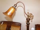 Antique Carnival glass iridescent globe on antique wood & brass floor lamp
