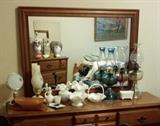dresser with mirror, oil lamps, Milk Glass
