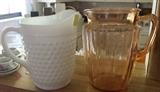 Milk Glass & Pink Depression pitchers