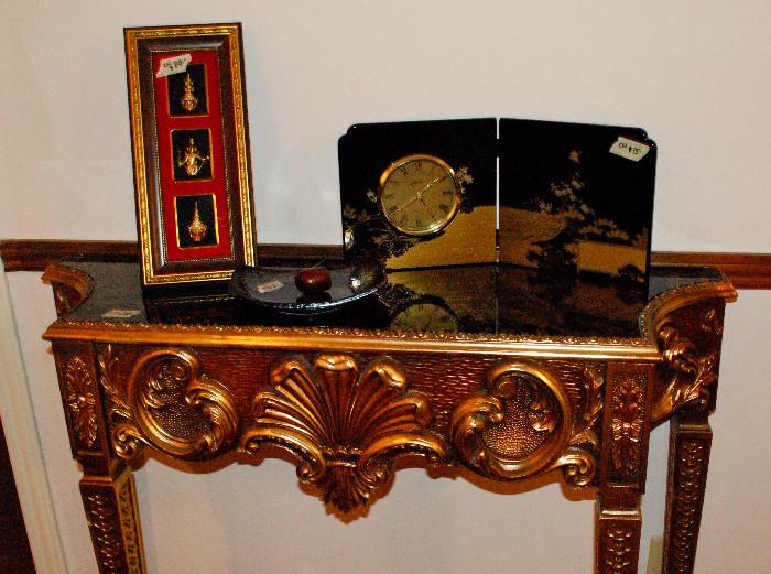 asian inspired clock -art- gold & black entry /hall table 