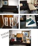 Great Retro sofa, end table, art work 