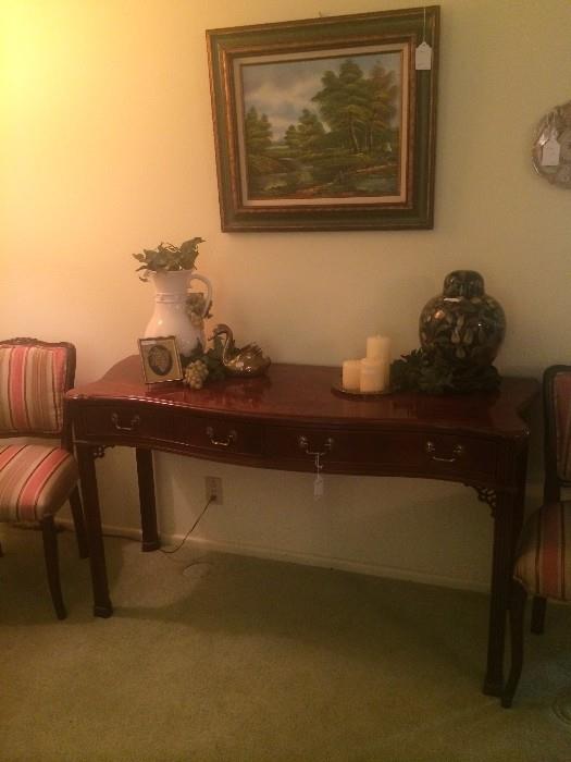 Sofa table; white stoneware pitcher; fruit urn