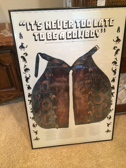 "It's Never Too Late to be a Cowboy" framed poster