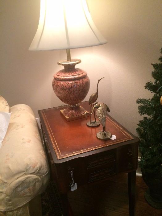 One of two matching leather top side tables; one of two matching  lamps