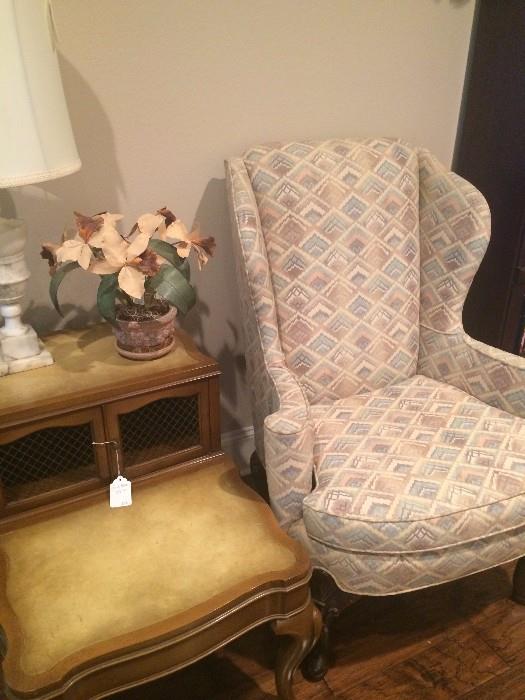 Two tiered side table and wing back chair