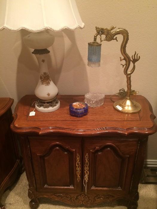 One of two night stands; decorative lamps
