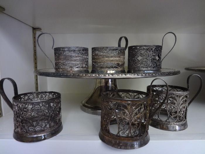 Silver plate Russian filigree tea cup holders