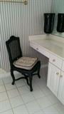 One of a pair of black lacquer wood/rattan chairs, w/ black/white toile fabric. 