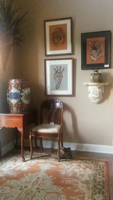 Asian porcelain garden seat, one of a pair of glass-topped mahogany side tables, Empire style side chair, with hand needlepoint seat, 5' x 8' Heriz style 100%, hand woven rug, pair of size 11 shoes (HOT!) I don't know how those sneeked into the pic... Trio of original chalks, by local artist, carved wooden sconce.